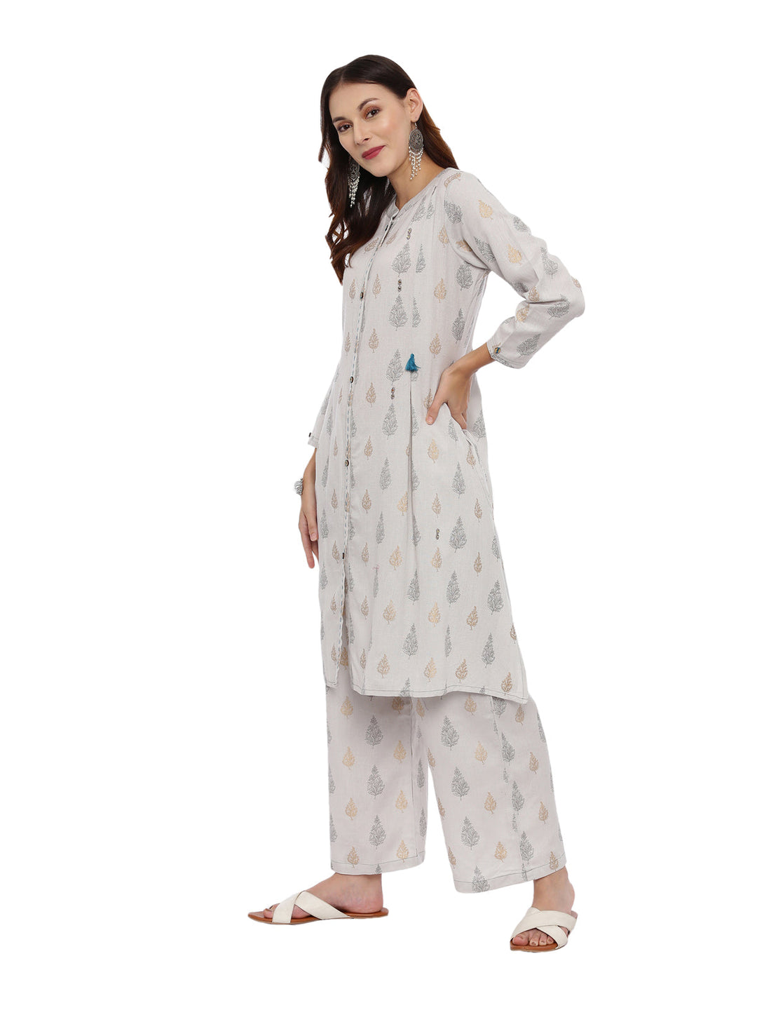Neerus Grey printed kurta set with palazzo and dupatta - detail view 2