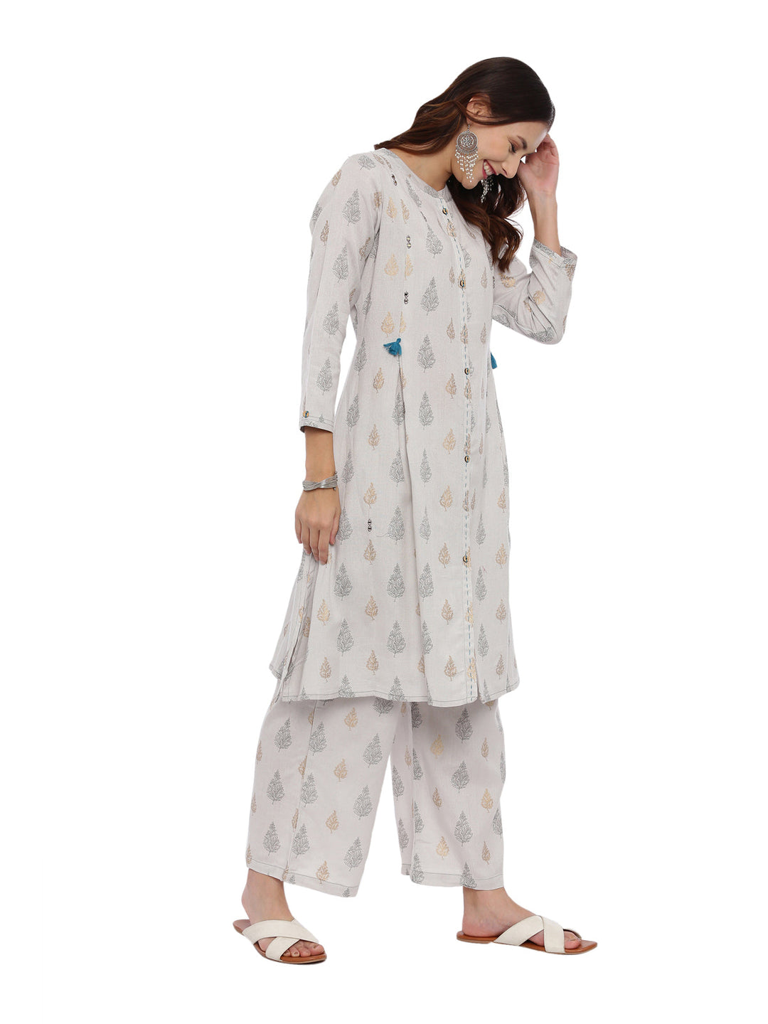 Neerus Grey printed kurta set with palazzo and dupatta - side view