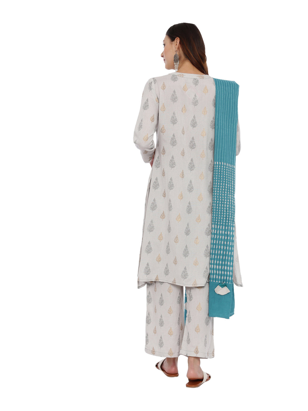 Neerus Grey printed kurta set with palazzo and dupatta - detail view 1