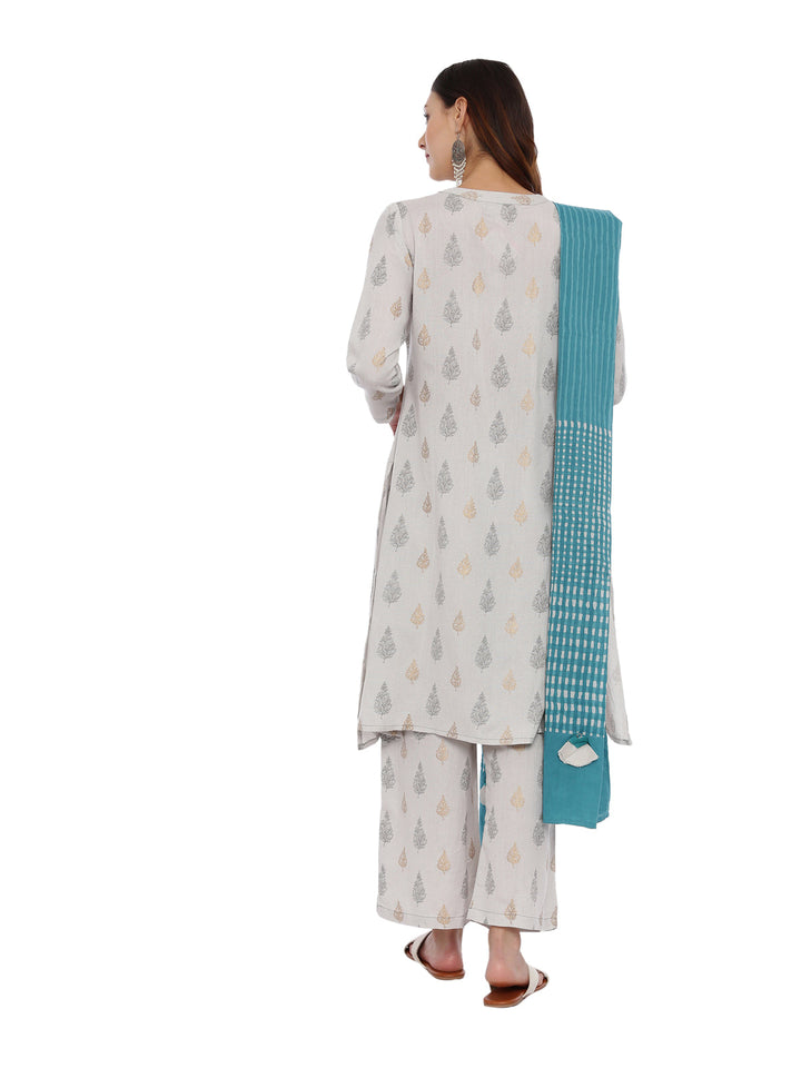 Neerus Grey printed kurta set with palazzo and dupatta - detail view 1