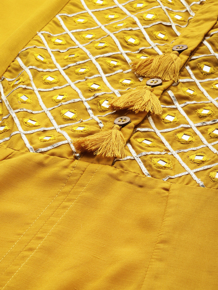 Neerus Yellow muslin embellished A-line kurta - back view