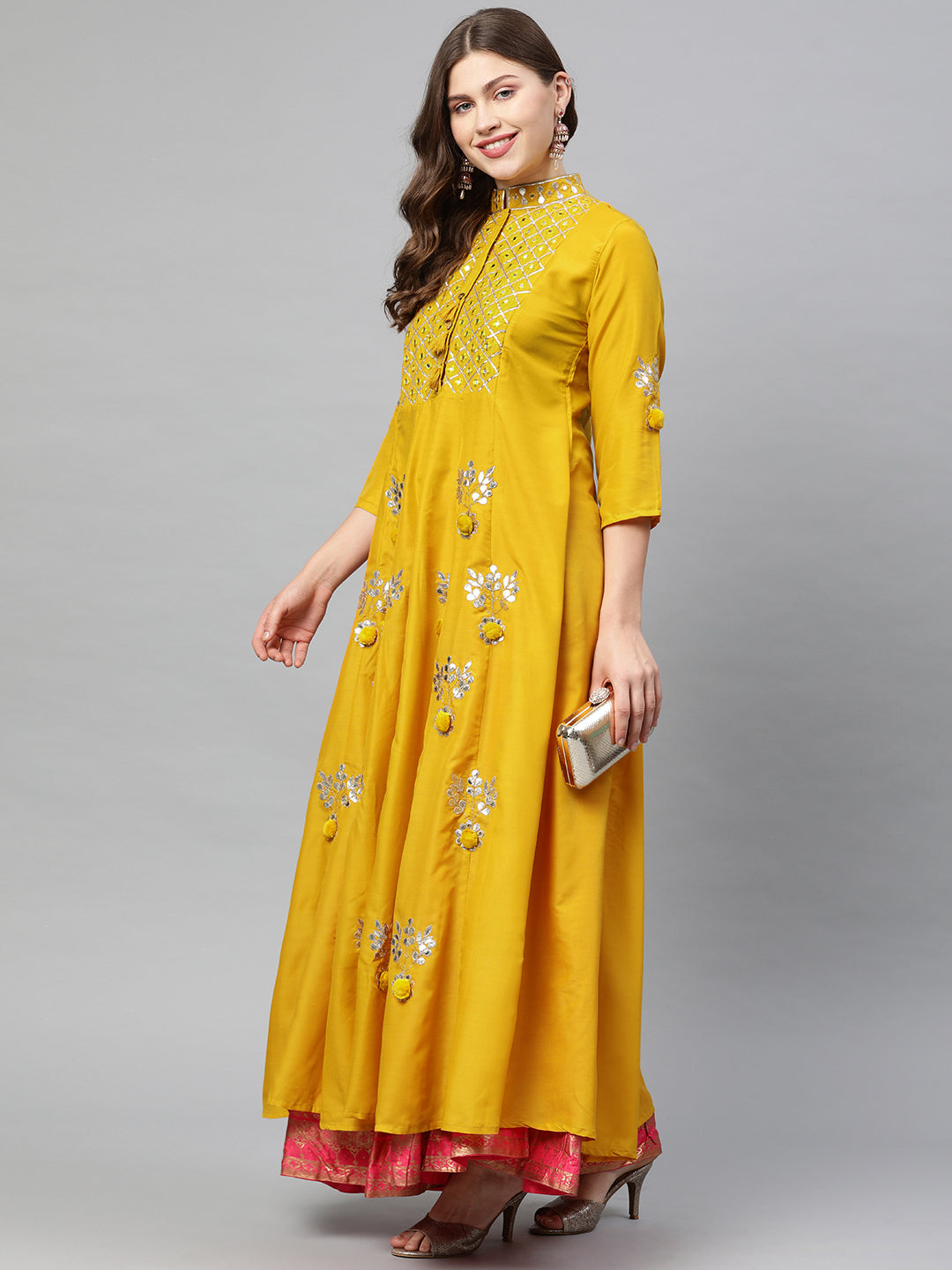 Neerus Yellow muslin embellished A-line kurta - detail view 2
