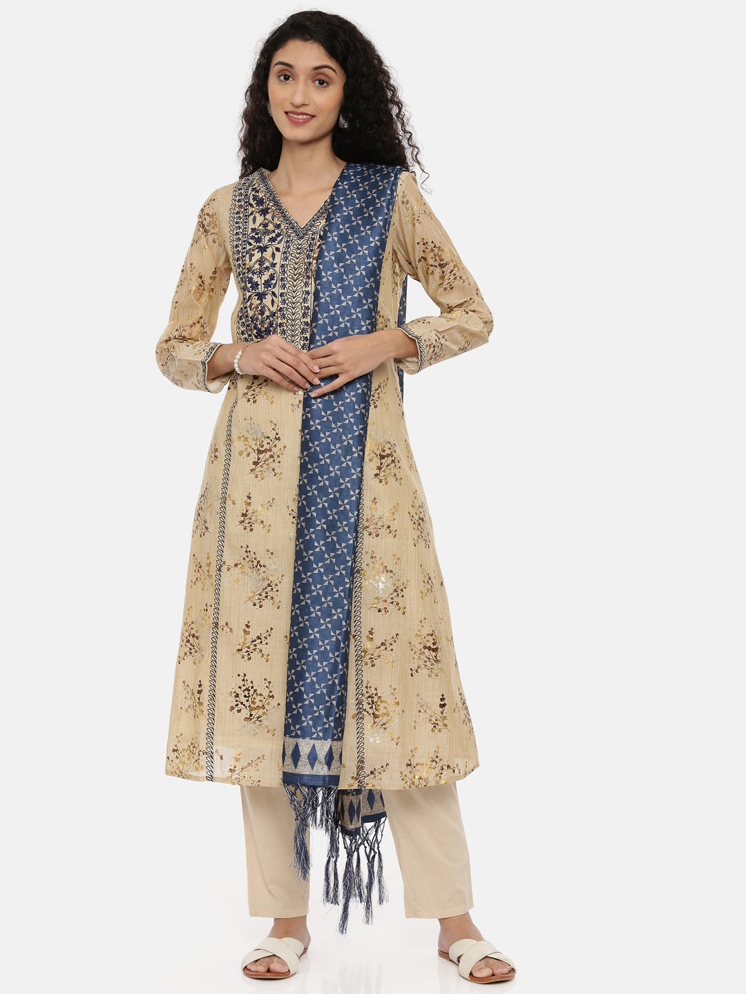 Neerus Beige embroidered kurta set with pant and dupatta - front view