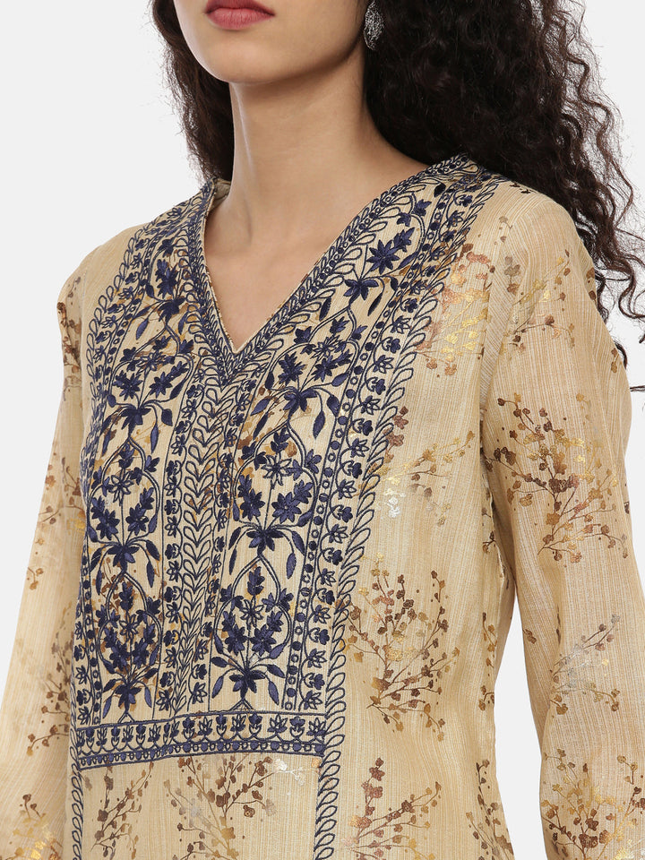 Neerus Beige embroidered kurta set with pant and dupatta - detail view 2