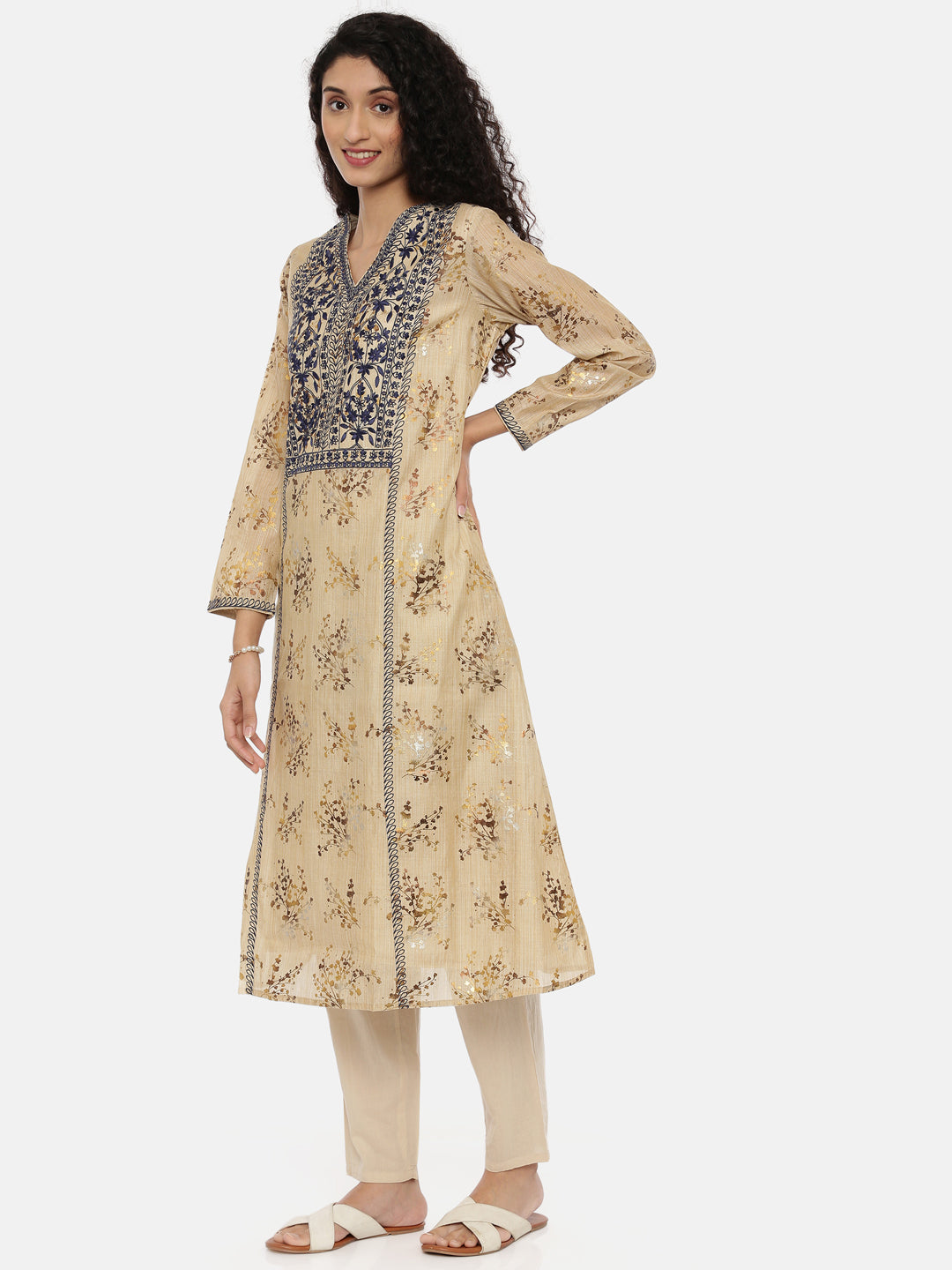 Neerus Beige embroidered kurta set with pant and dupatta - side view