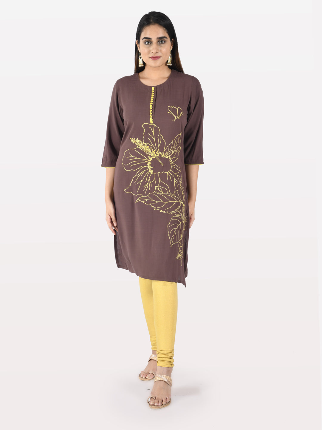 Neerus Brown rayon embroidered straight kurta - front view