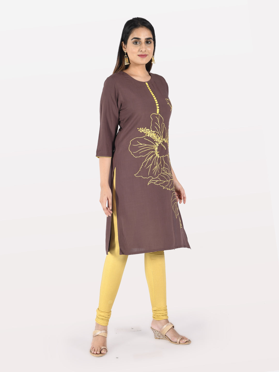 Neerus Brown rayon embroidered straight kurta - detail view 1
