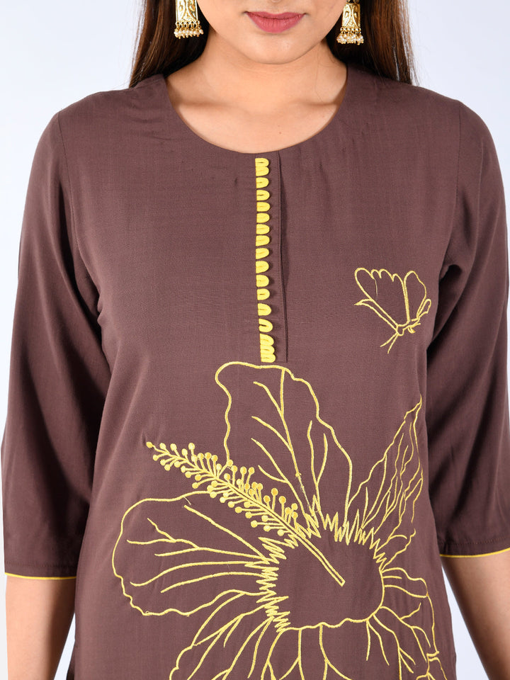 Neerus Brown rayon embroidered straight kurta - detail view 2
