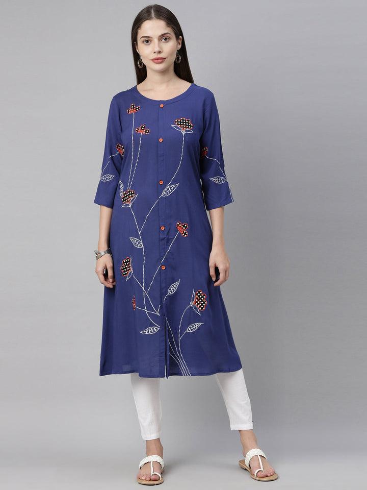 Neerus Blue embroidered A-Line kurta - detail view 5