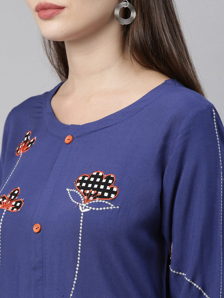 Neerus Blue embroidered A-Line kurta - back view
