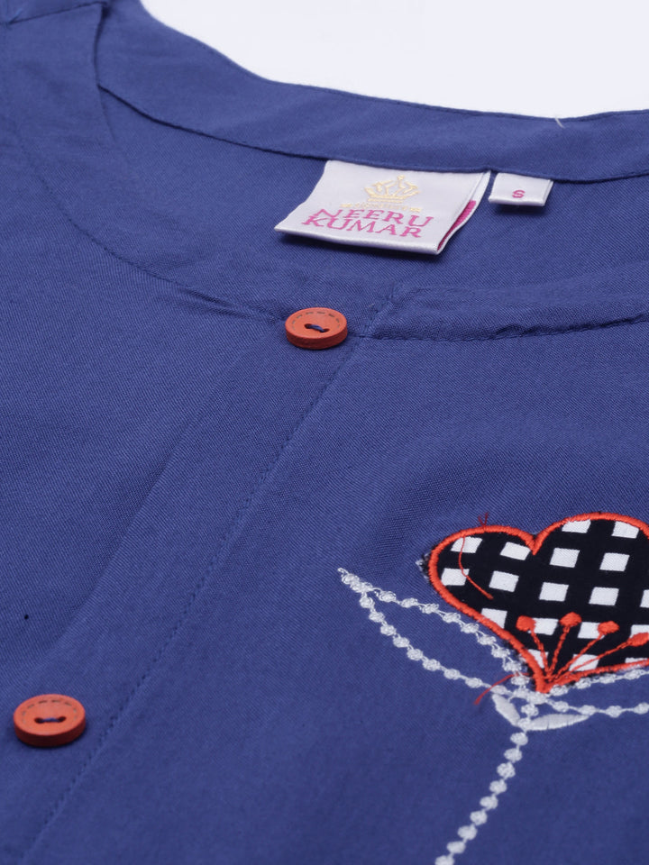 Neerus Blue embroidered A-Line kurta - side view