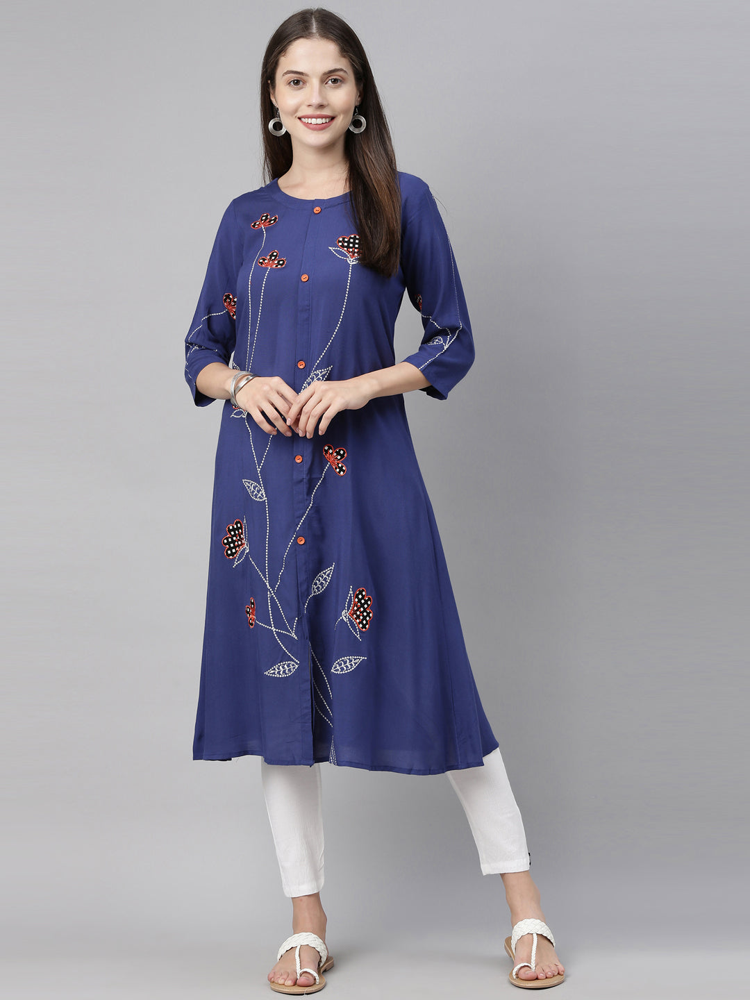 Neerus Blue embroidered A-Line kurta - detail view 4