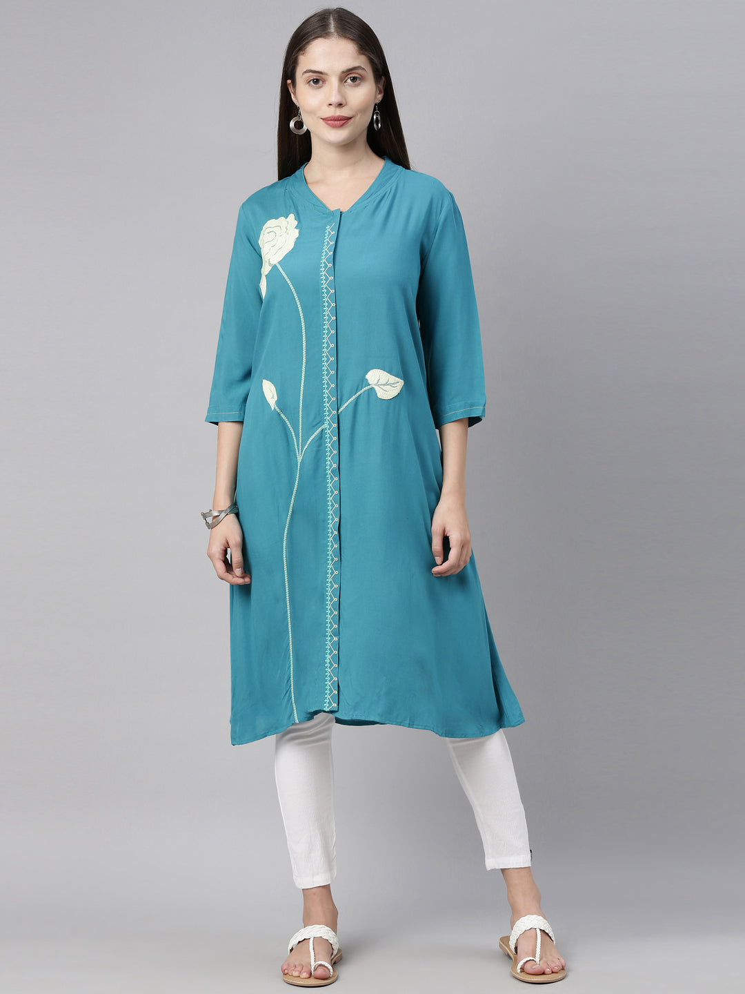 Neerus Blue rayon straight kurti - front view