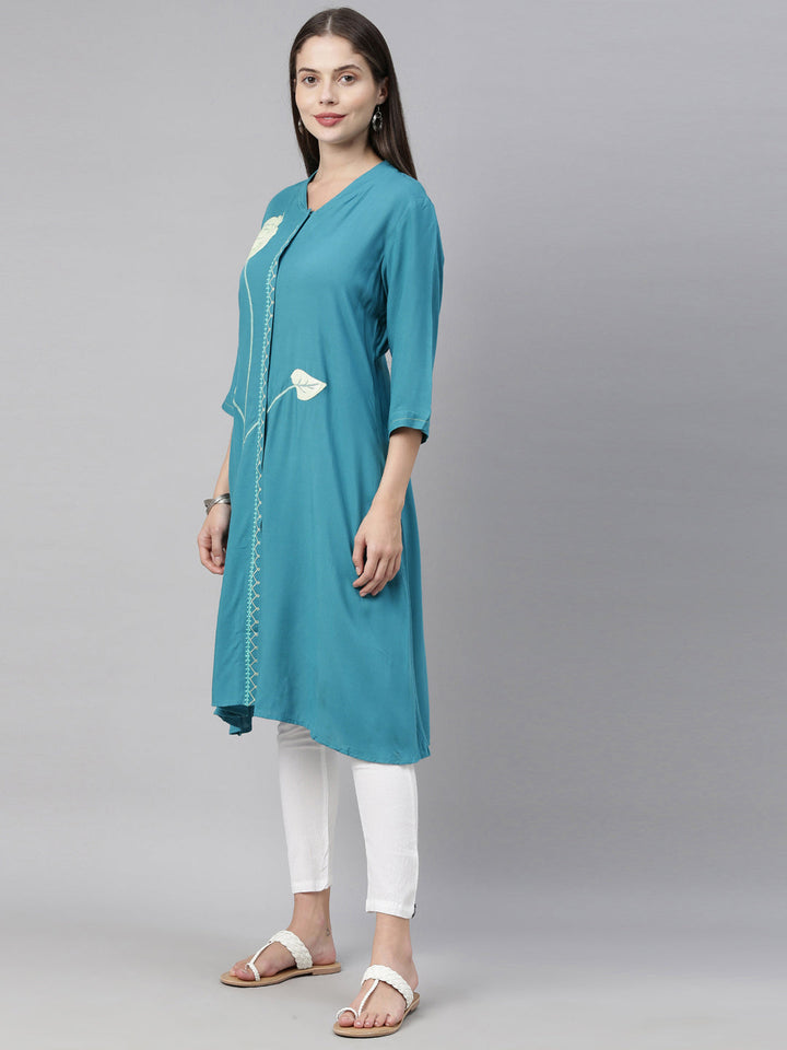 Neerus Blue rayon straight kurti - detail view 1