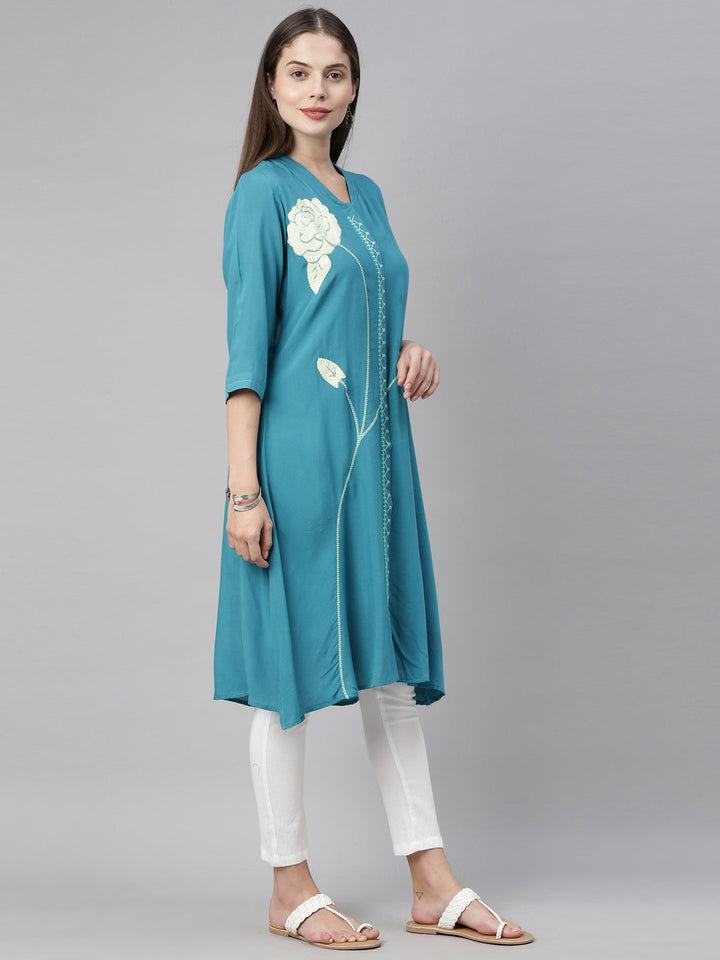 Neerus Blue rayon straight kurti - detail view 2