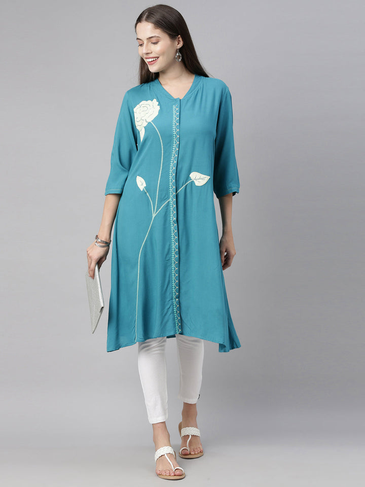 Neerus Blue rayon straight kurti - detail view 4