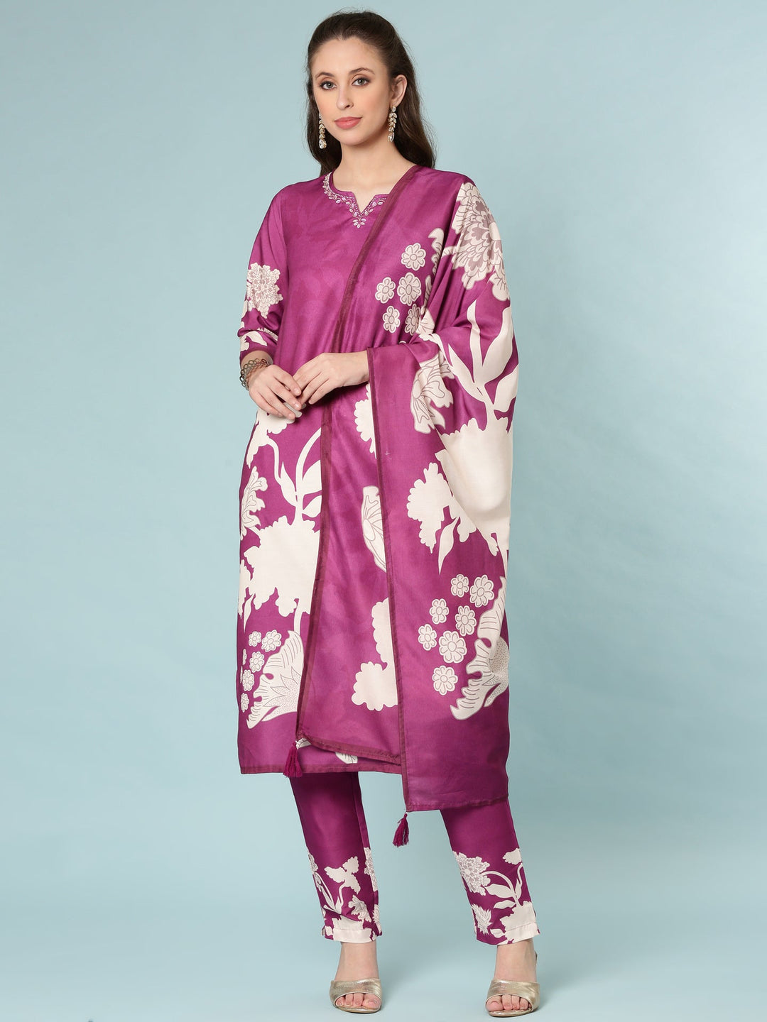 Neerus Purple rayon digital printed suit set - front view