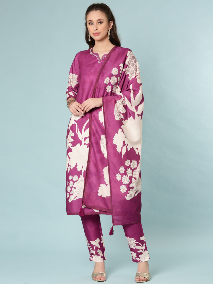 Neerus Purple rayon digital printed suit set - front view