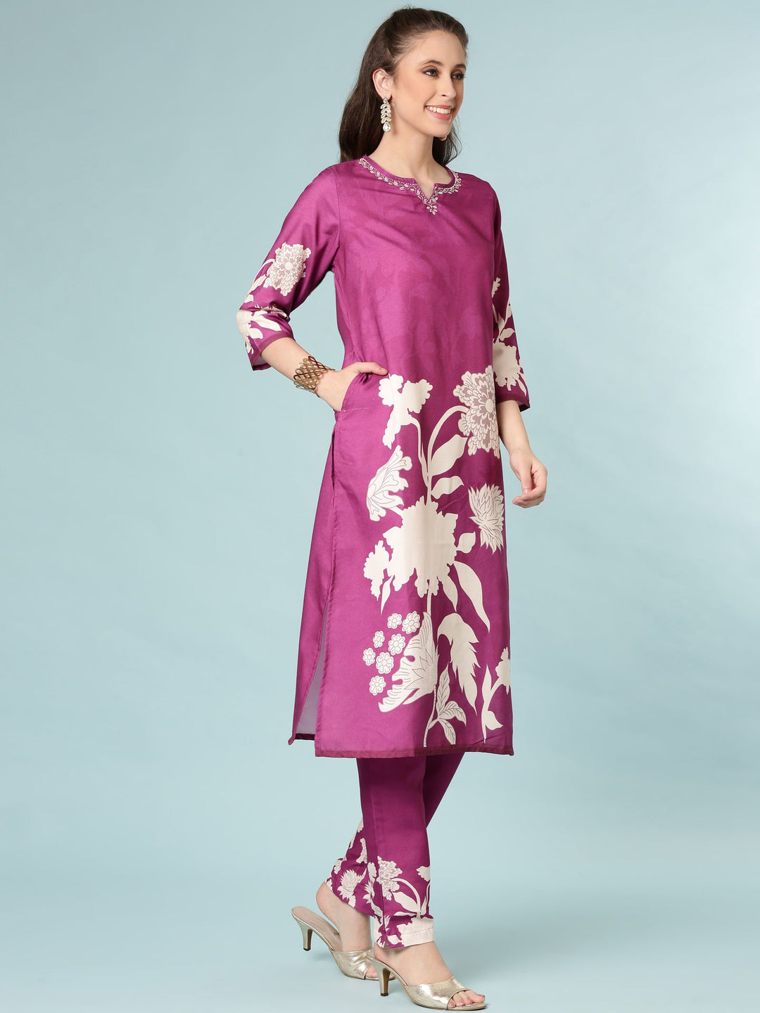 Neerus Purple rayon digital printed suit set - back view