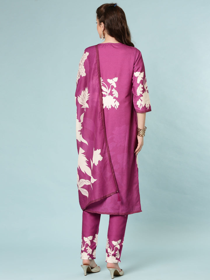 Neerus Purple rayon digital printed suit set - side view