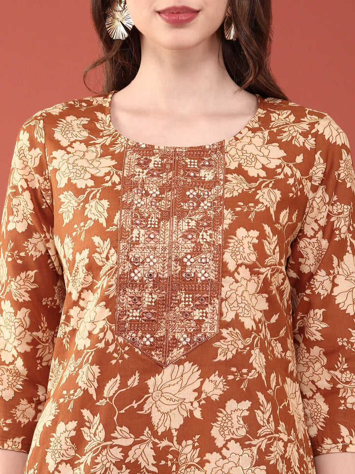 Gold Modal Silk Floral Digital Print Three Piece Set