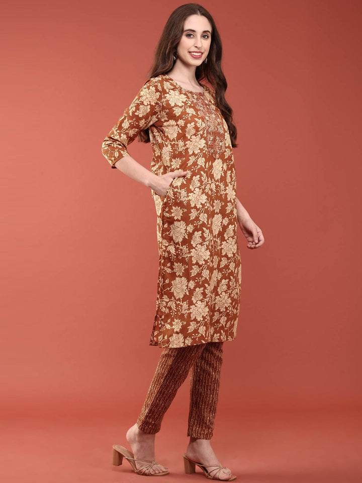 Gold Modal Silk Floral Digital Print Three Piece Set