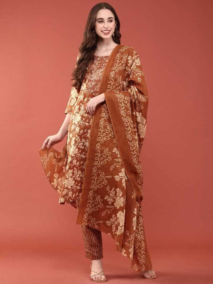 Gold Modal Silk Floral Digital Print Three Piece Set