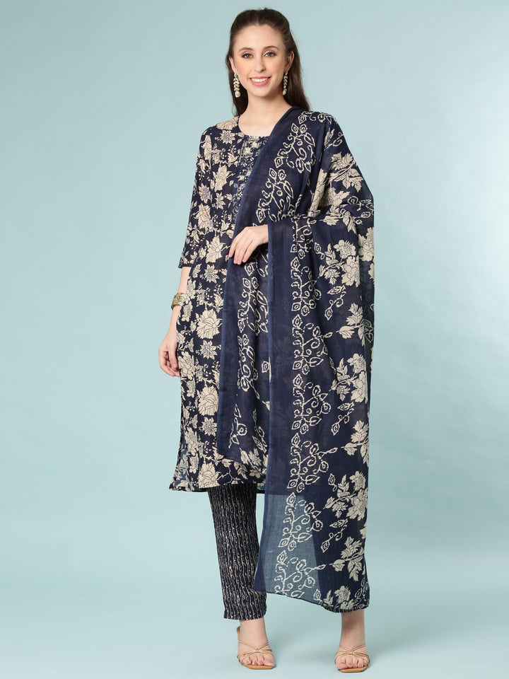 Neerus Blue modal digital printed suit set - front view