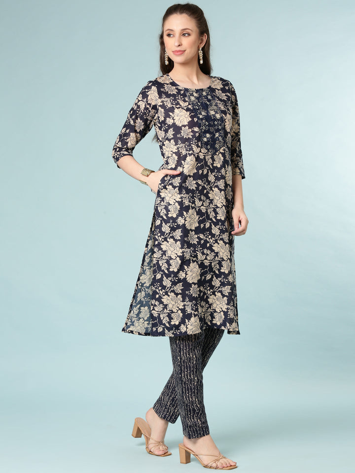 Indigo Blue Modal Silk Floral Digital Print Three Piece Set