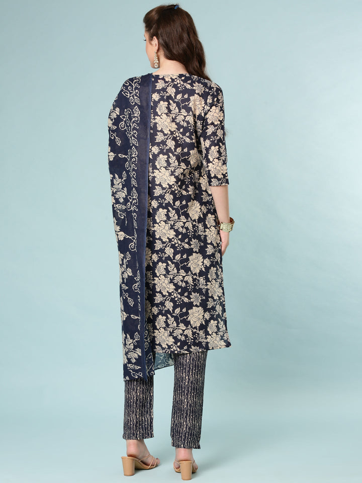 Indigo Blue Modal Silk Floral Digital Print Three Piece Set