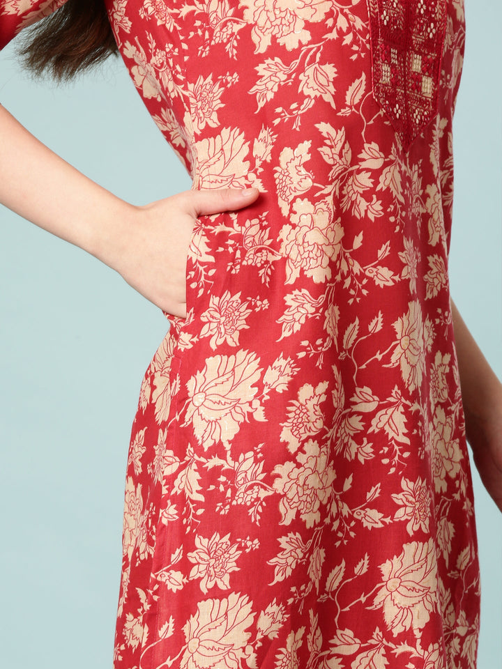 Red Modal Silk Floral Digital Print Three Piece Set