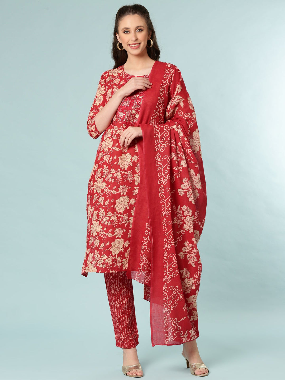 Neerus Red modal digital printed suit set - front view