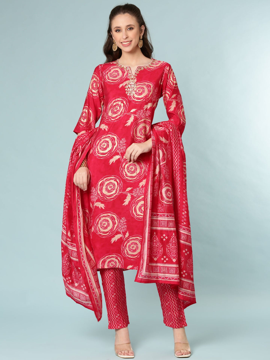 Neerus Pink modal digital printed suit set - front view
