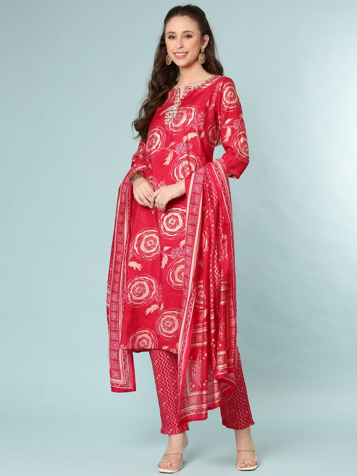 Rani Pink Modal Silk Digital Print Three Piece Set