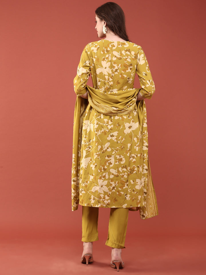 Lime Green Dola Silk Digital Print Three Piece Set