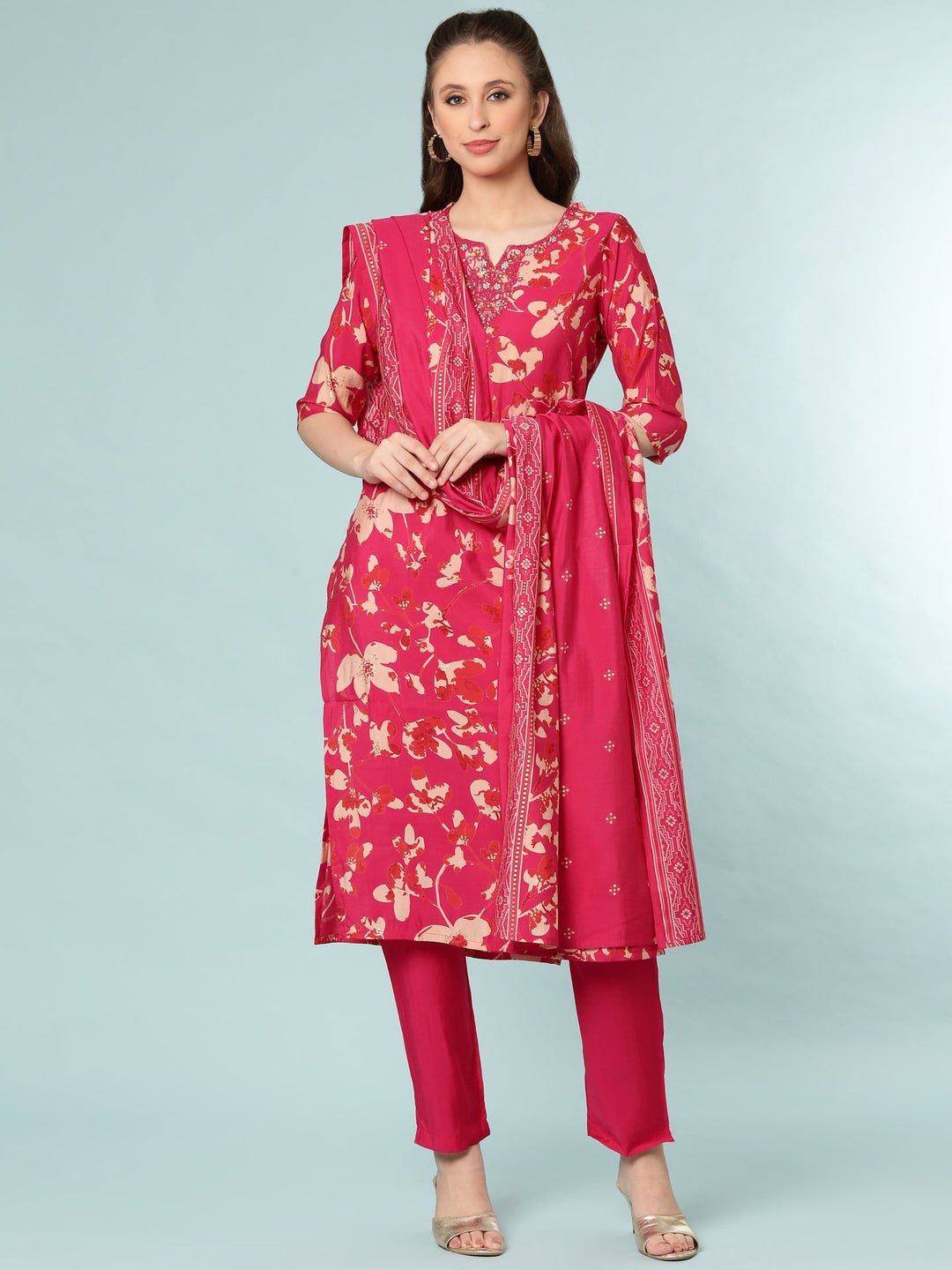 Neerus Pink silk digital printed suit set - front view