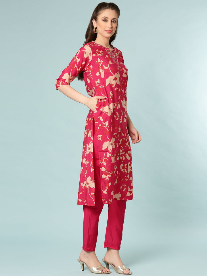 Neerus Pink silk digital printed suit set - back view