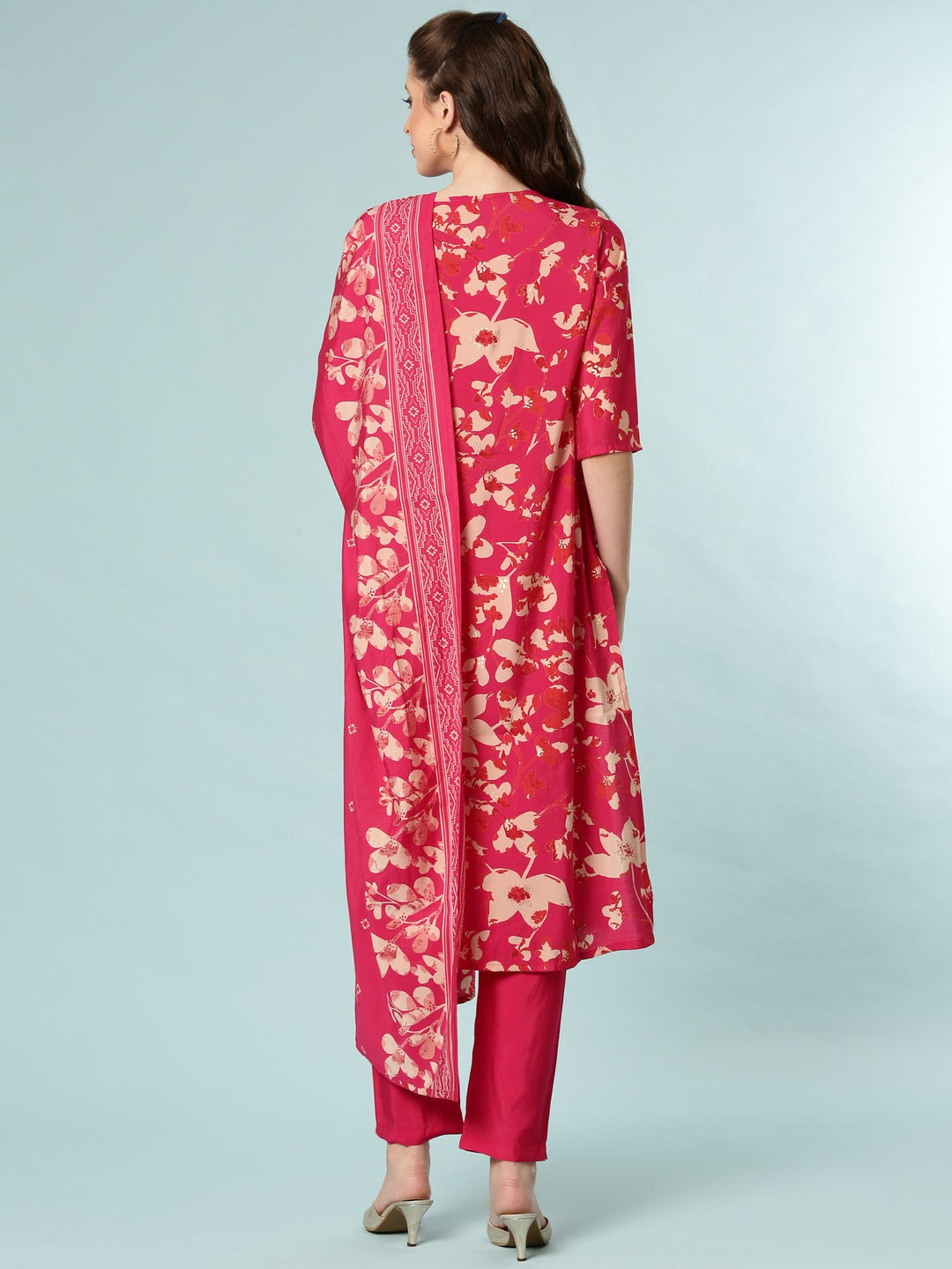 Neerus Pink silk digital printed suit set - side view