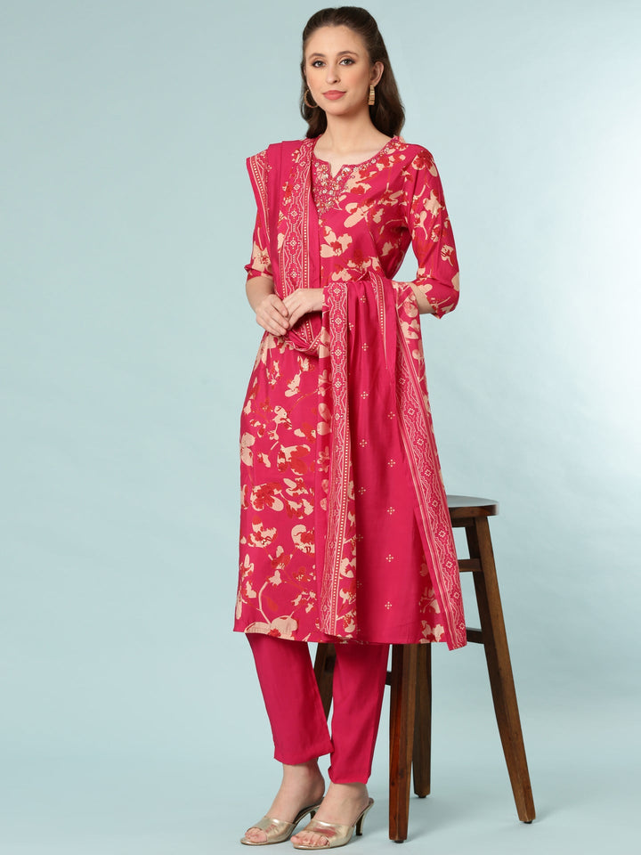 Magenta Dola Silk Digital Print Three Piece Set