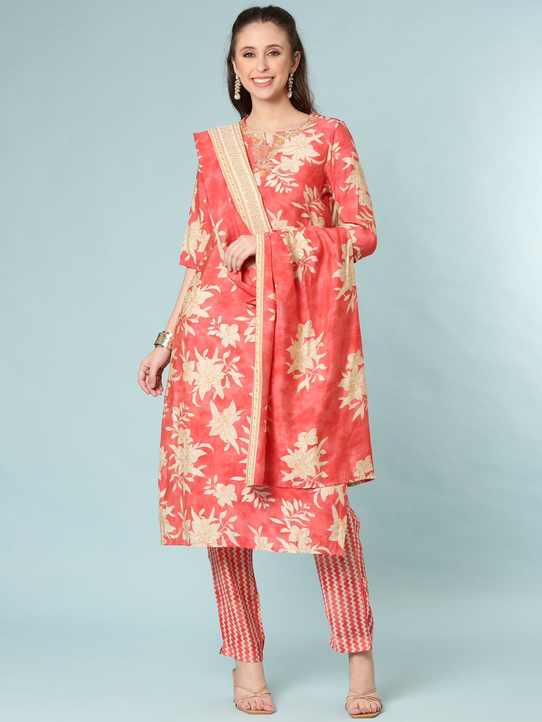 Neerus Yellow silk digital printed suit set - front view