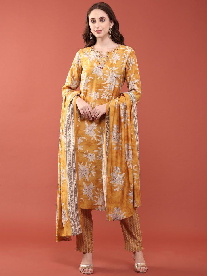 Neerus Yellow silk digital printed suit set - front view