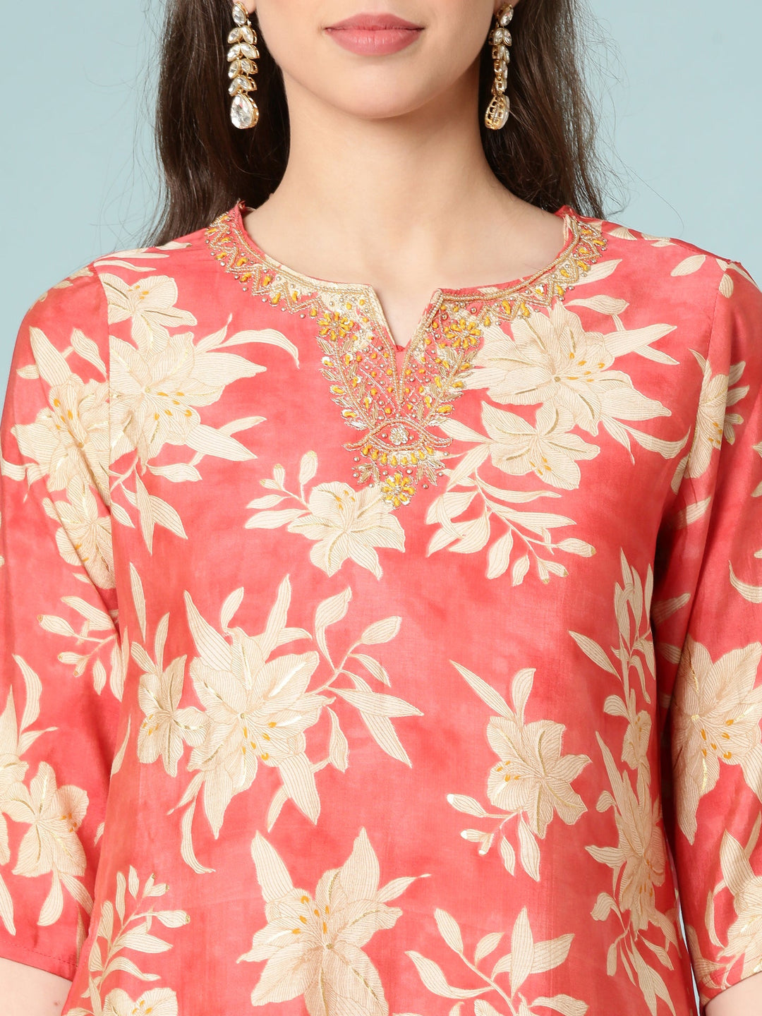 Neerus Yellow silk digital printed suit set - detail view 1