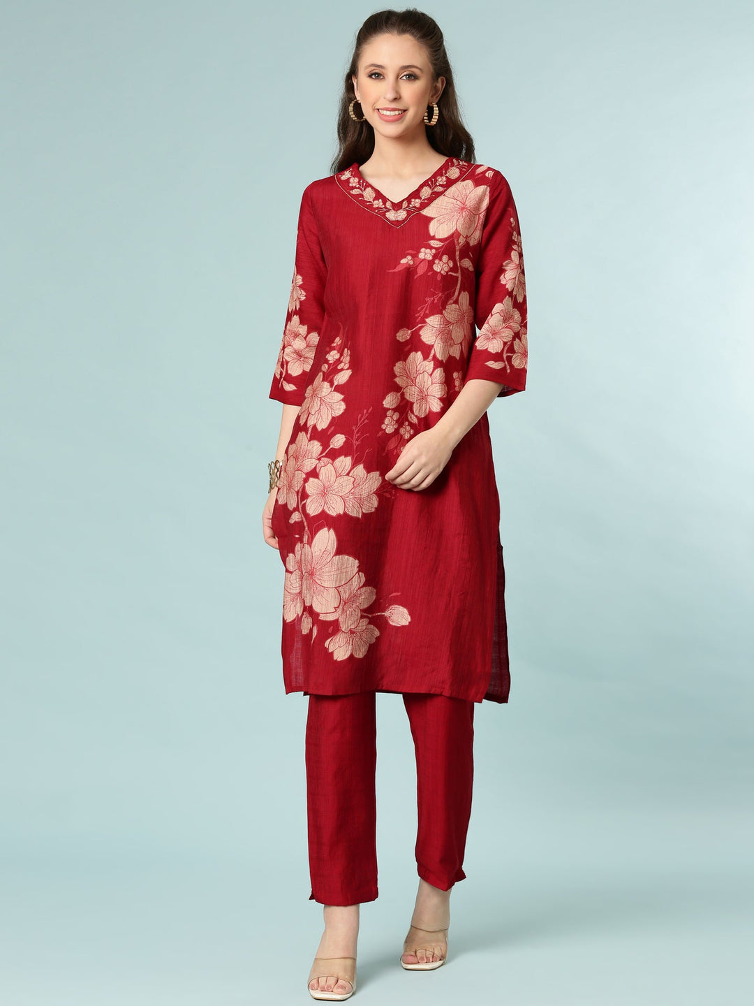 Neerus Maroon viscose rayon floral printed suit set - front view