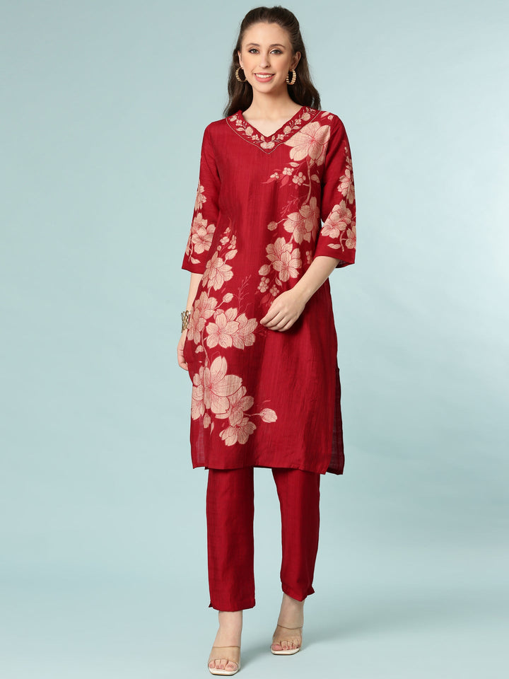 Neerus Maroon viscose rayon floral printed suit set - front view