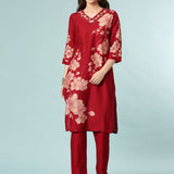 Maroon Viscose Rayon Floral Printed Two Piece Set