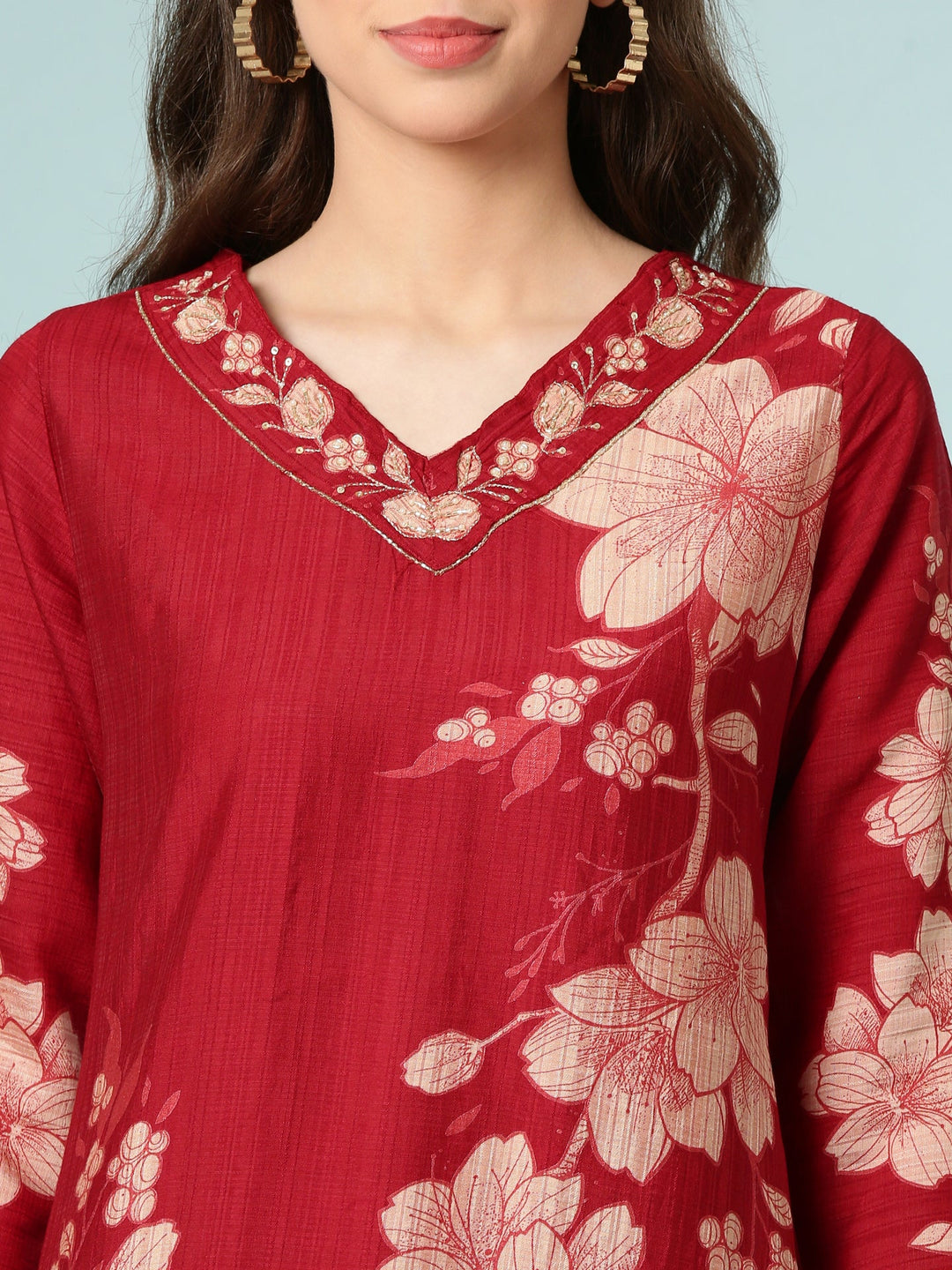 Neerus Maroon viscose rayon floral printed suit set - detail view 1