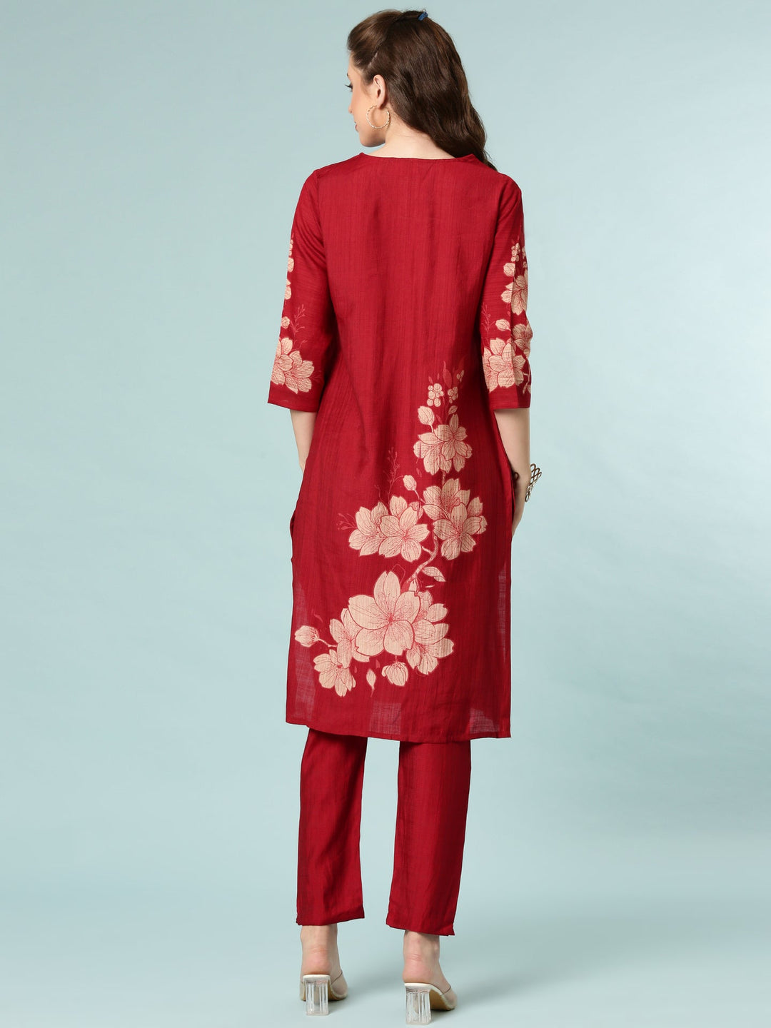 Neerus Maroon viscose rayon floral printed suit set - side view