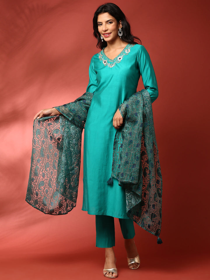 Neerus Green muslin embroidered suit set - front view