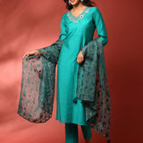 Green muslin embroidered three piece suit set