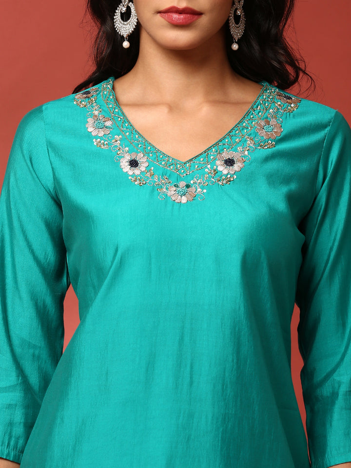 Neerus Green muslin embroidered suit set - detail view 1